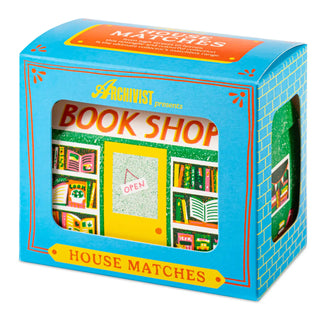 Box of Archivist House Matches with a 'Book Shop' design on a white background