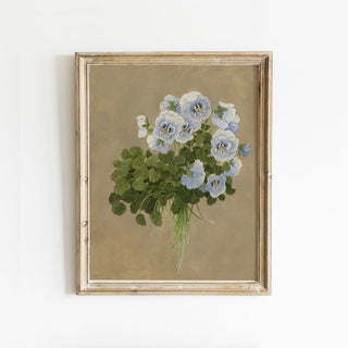 An art print of a bouquet of  light blue pansy flowers