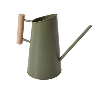A green watering can made from galvanized steel with a matte finish, featuring a wooden handle.