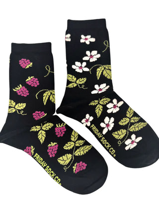 Black socks with floral raspberry pattern (mismatched)